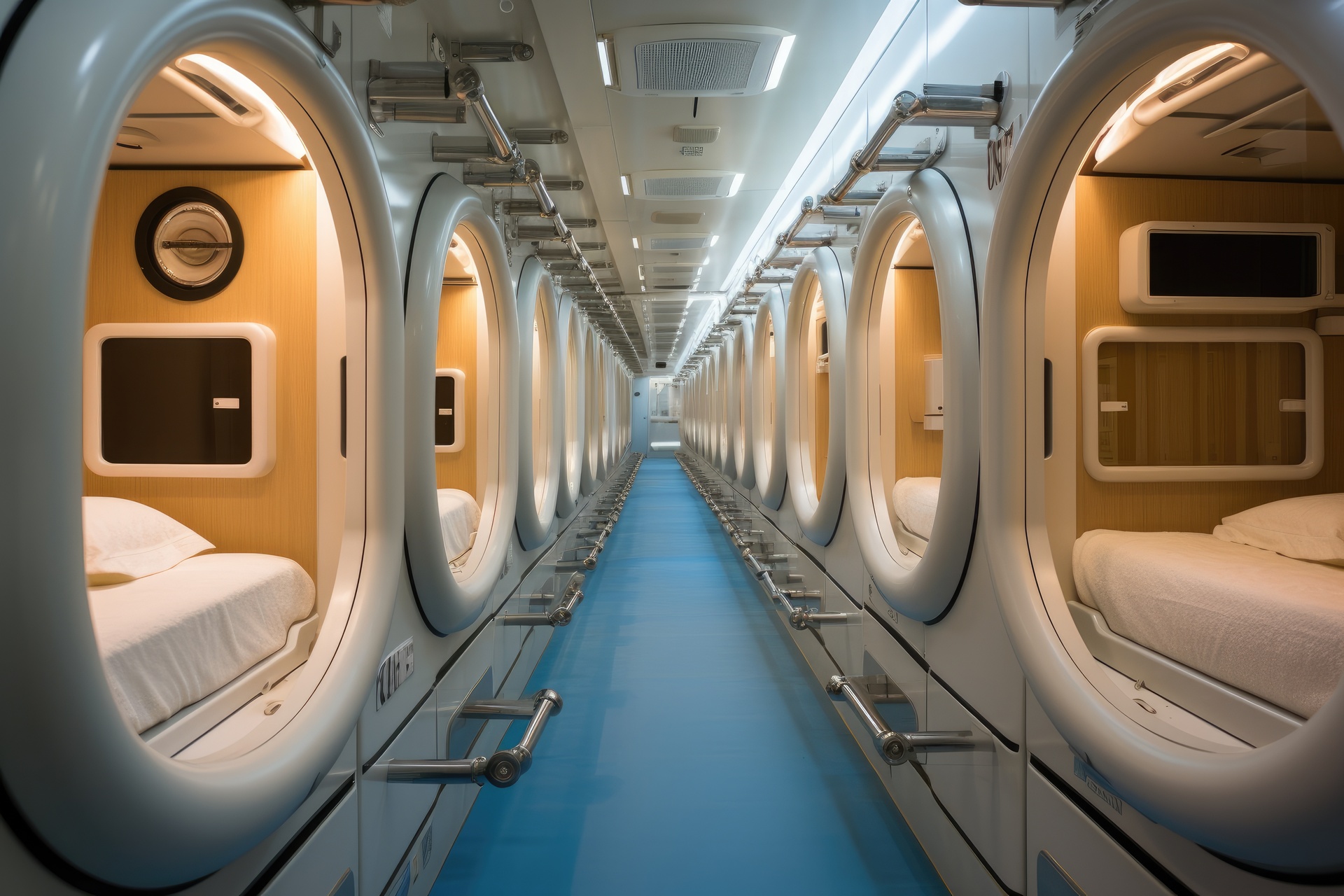 Interior of a cruise ship with white cabins and a bed, A compact, space-efficient capsule hotel in Tokyo, AI Generated